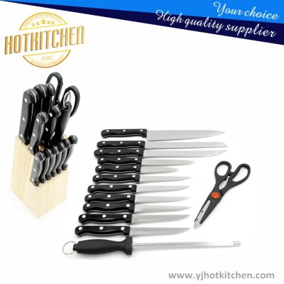 Super grade 22pcs black wood block cutlery set.Stainless steel kitchen knives set and PP plastic handle