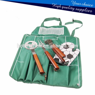 Hot sell 4pcs Wooden Handle football bbq tools with apro/ cloth bag